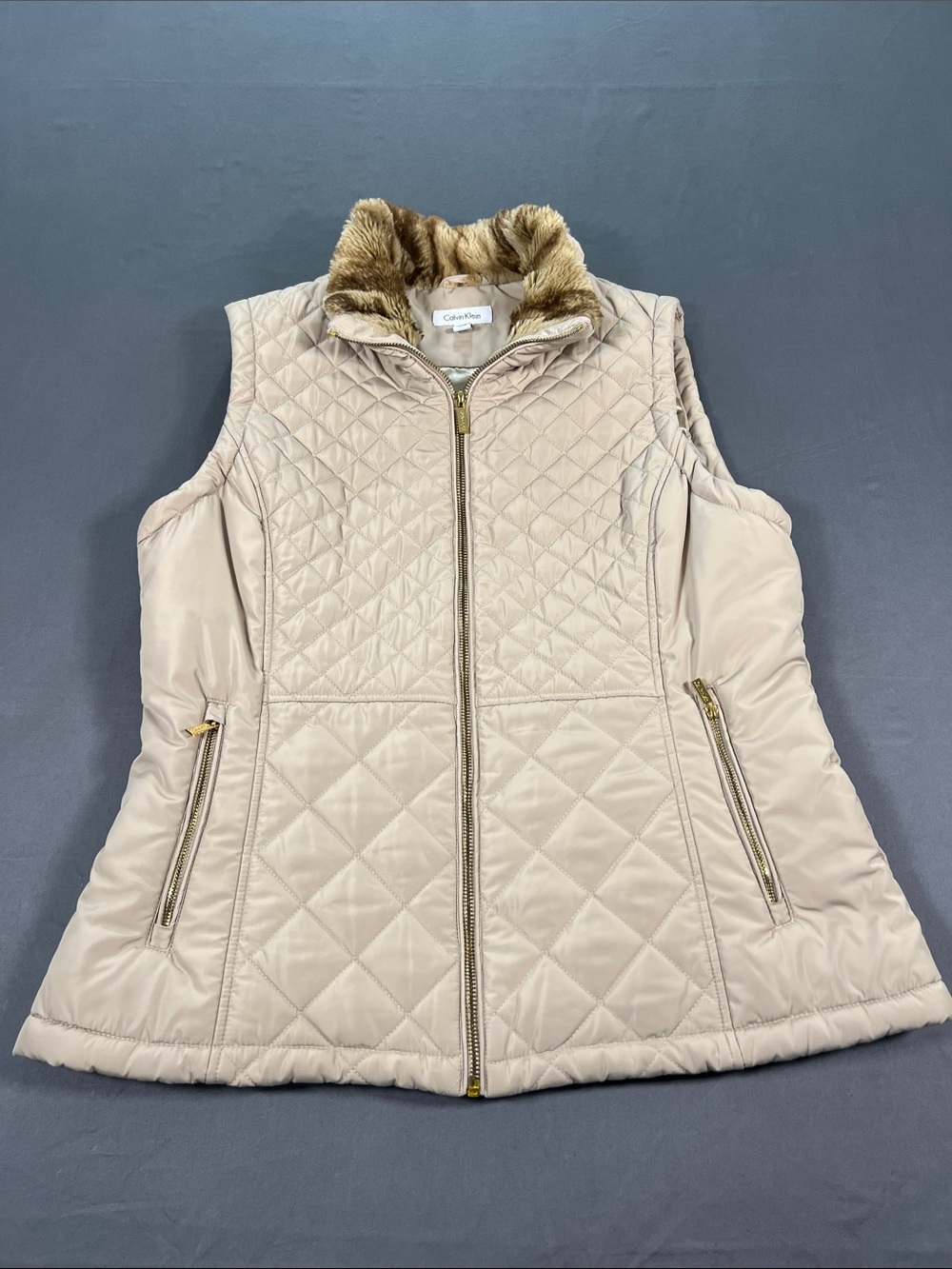 Calvin Klein Light Beige Quilted Vest with Faux-Fur Collar